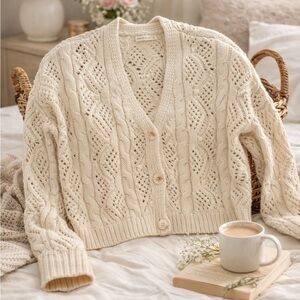 Moon & Madison Cable Knit Cardigan Medium Cream Cottagecore Boho Chunky EUC